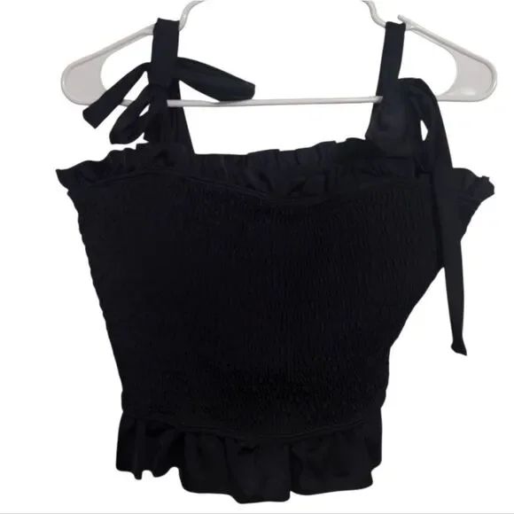 #79 Dazzling Divas Black Smocked Crop Top Bow Tie Shoulders, L NEW - Picture 2 of 8